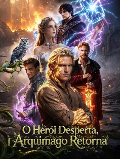 Capa da minisserie The Hero Awakes Archmage Returns - o Herói Desperta, o Arquimago Retorna (feito por Ia)
